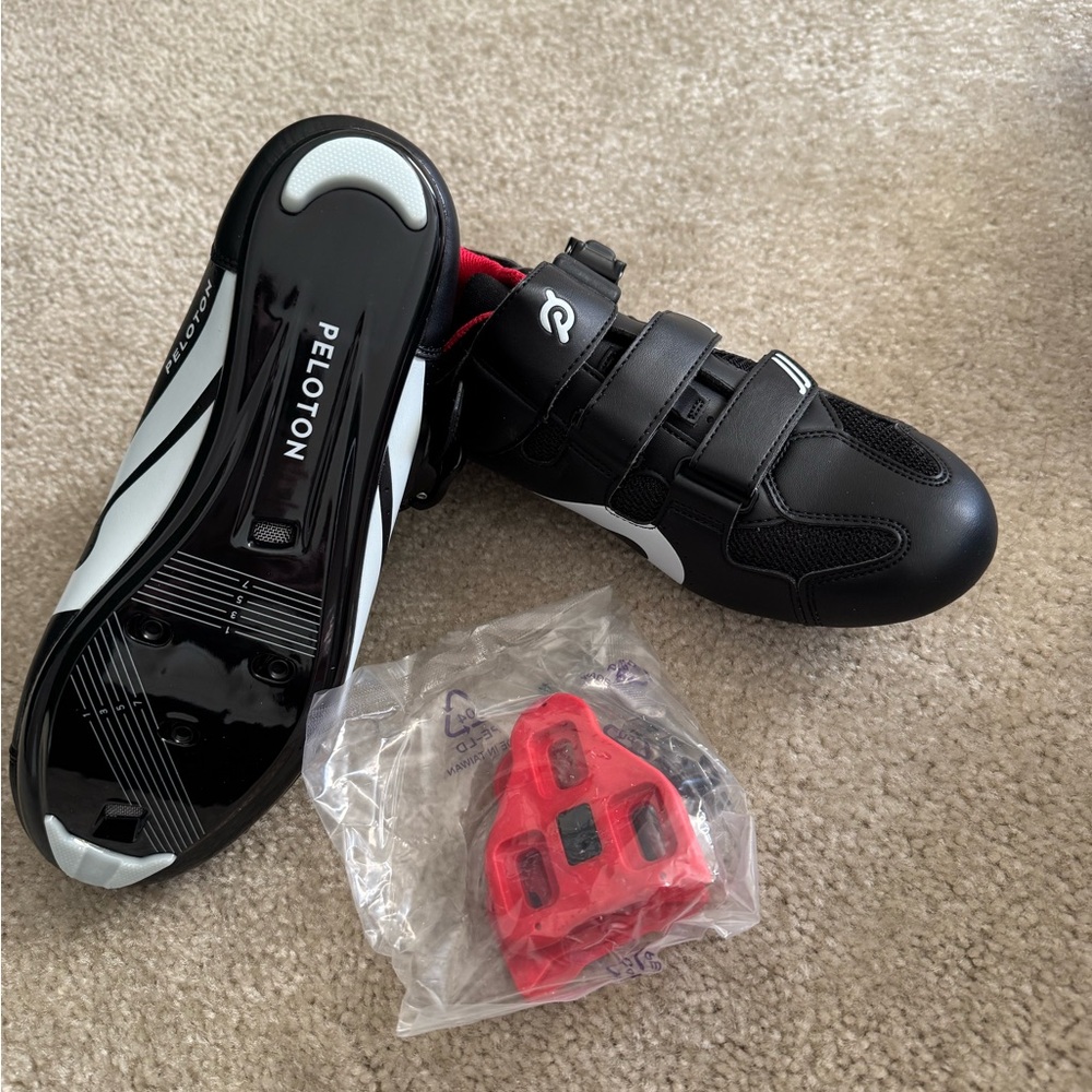 Peloton Black and White Cycling Shoes with Red Cleats